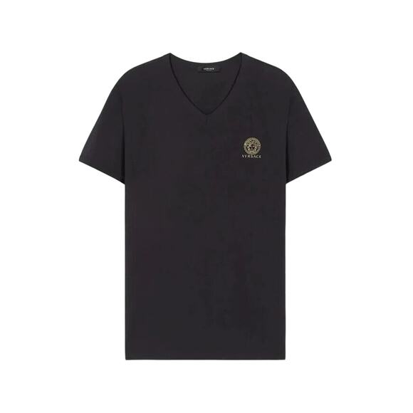 Versace T-Shirt Men's 4/ M Black Cotton Stretch Medusa Logo V-Neck NWT - Picture 2 of 14